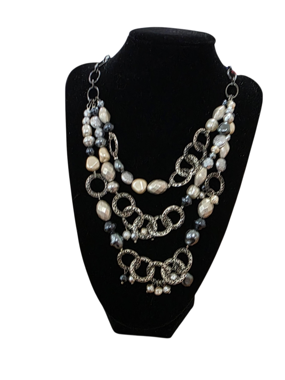 Layered Pearl and Chain Statement Necklace - Cream & Gray